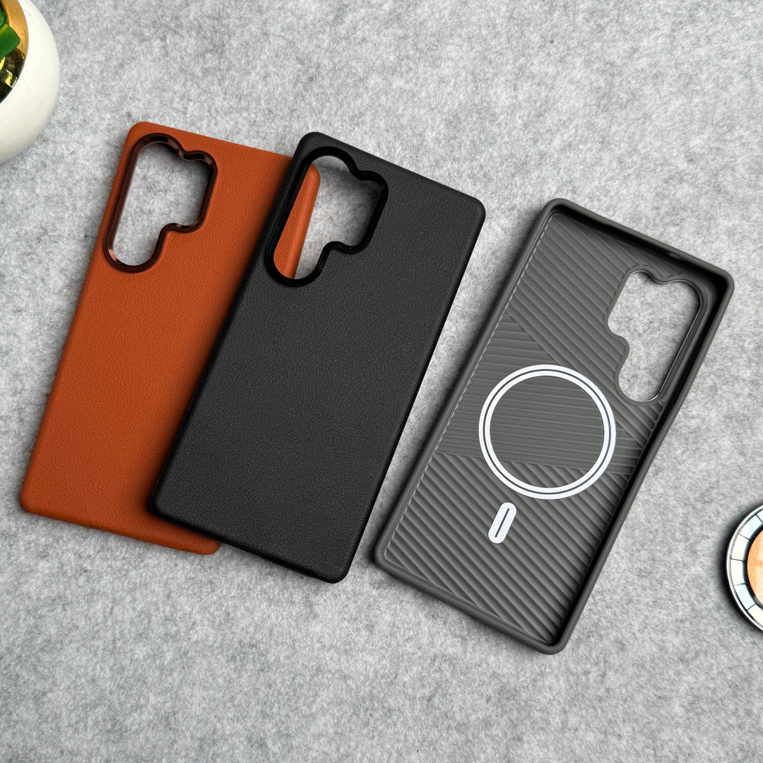 Samsung Galaxy S25 Ultra Leather Texture Design MagSafe PVC Case With Metal Camera Bump