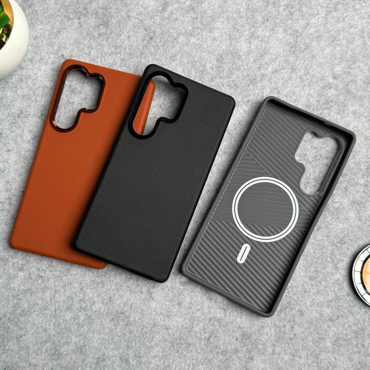 Samsung Galaxy S25 Ultra Leather Texture Design MagSafe PVC Case With Metal Camera Bump