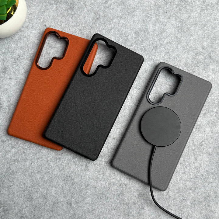 Samsung Galaxy S25 Ultra Leather Texture Design MagSafe PVC Case With Metal Camera Bump