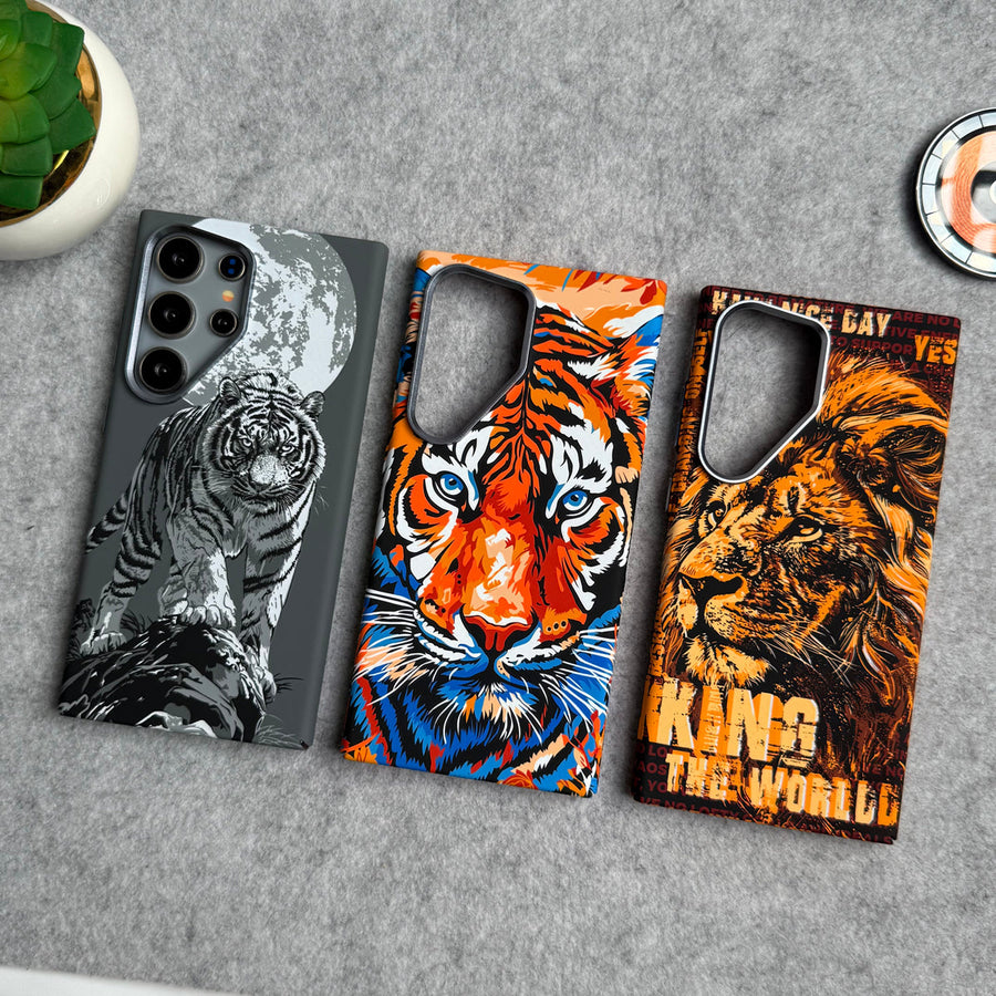 Samsung Galaxy S23 Ultra Carbon Fiber Texture Tiger Lion Design Hard Pc MagSafe Case Cover