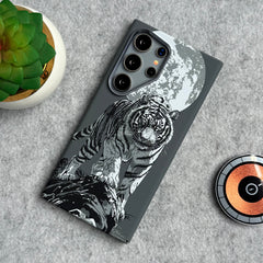 Samsung Galaxy S23 Ultra Carbon Fiber Texture Tiger Lion Design Hard Pc MagSafe Case Cover