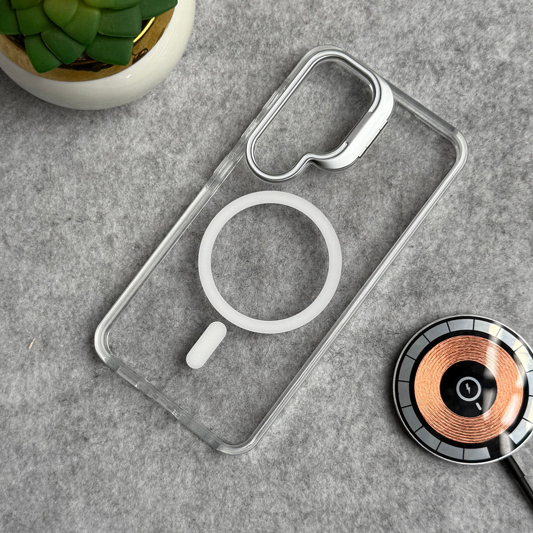 Samsung Galaxy S24 Transparent MagSafe Cover Metal Camera Bump Kick Stand