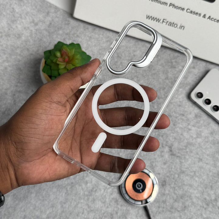 Samsung Galaxy S24 Transparent MagSafe Cover Metal Camera Bump Kick Stand
