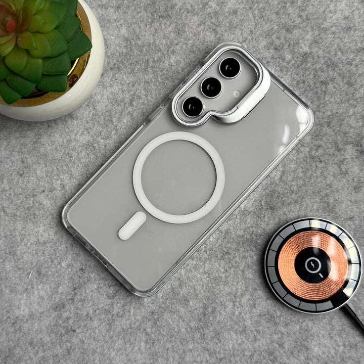 Samsung Galaxy S24 Transparent MagSafe Cover Metal Camera Bump Kick Stand