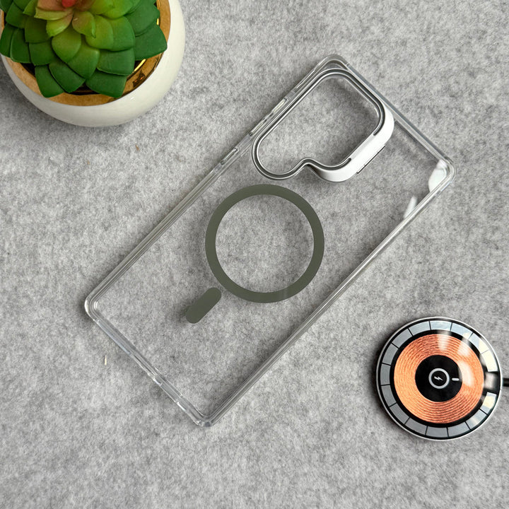 Samsung Galaxy S24 Ultra Transparent MagSafe Cover With Metal Camera Bump Kick Stand