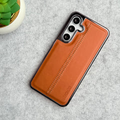 Samsung Galaxy S24 Middle Stitch PU Leather Side Chrome Case Cover (Light Brown)