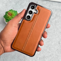 Samsung Galaxy S24 Middle Stitch PU Leather Side Chrome Case Cover (Light Brown)