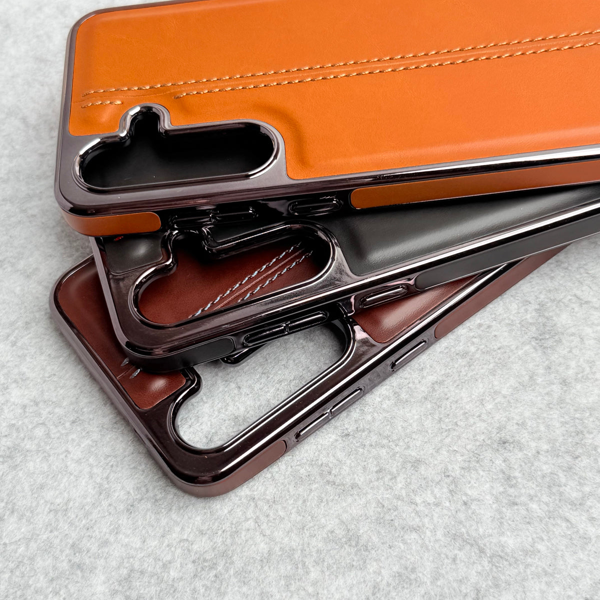 Samsung Galaxy S24 Middle Stitch PU Leather Side Chrome Case Cover (Light Brown)