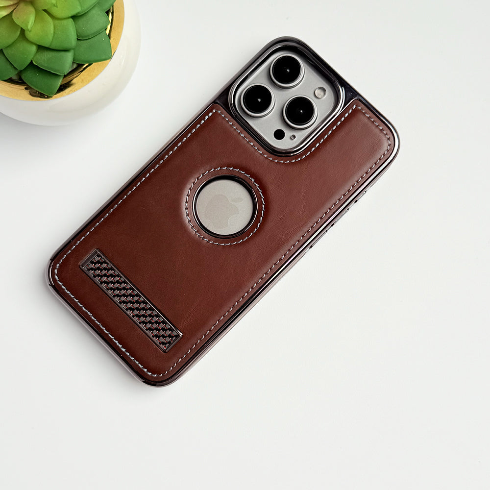 iPhone 15 Series Textured Stripe Stand PU Leather Side Chrome Case Cover