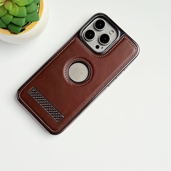 iPhone 15 Series Textured Stripe Stand PU Leather Side Chrome Case Cover