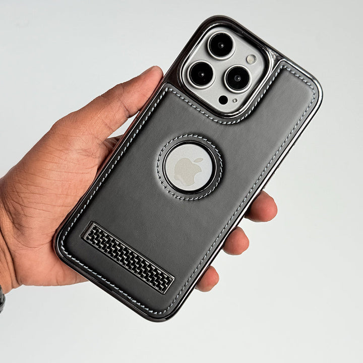 iPhone 15 Series Textured Stripe Stand PU Leather Side Chrome Case Cover