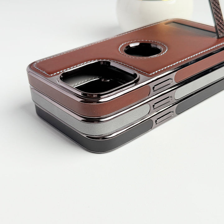 iPhone 15 Series Textured Stripe Stand PU Leather Side Chrome Case Cover