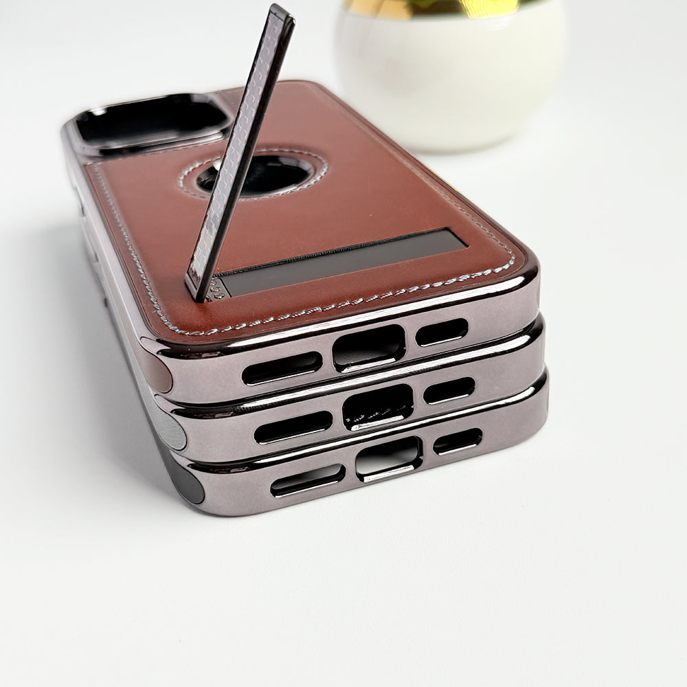 iPhone 15 Series Textured Stripe Stand PU Leather Side Chrome Case Cover