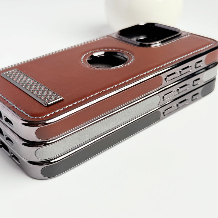 iPhone 15 Series Textured Stripe Stand PU Leather Side Chrome Case Cover