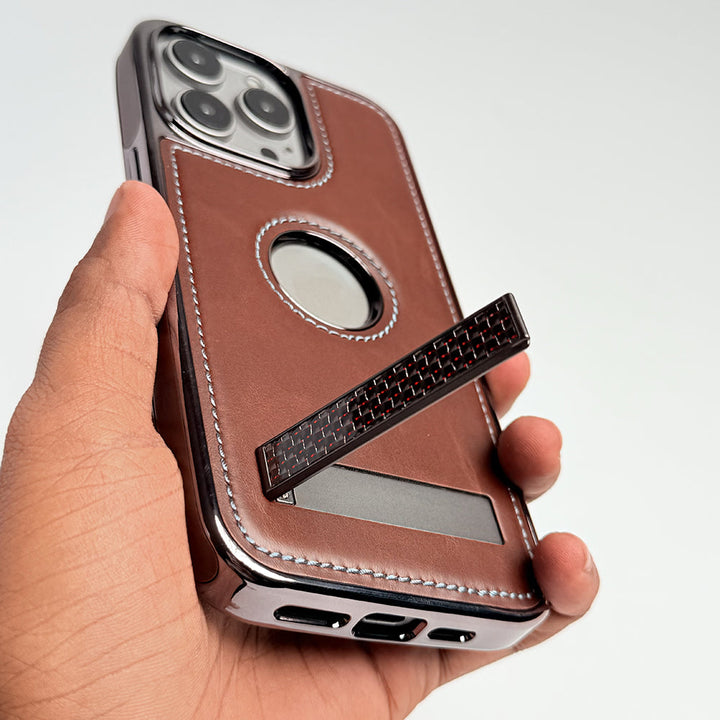 iPhone 15 Series Textured Stripe Stand PU Leather Side Chrome Case Cover