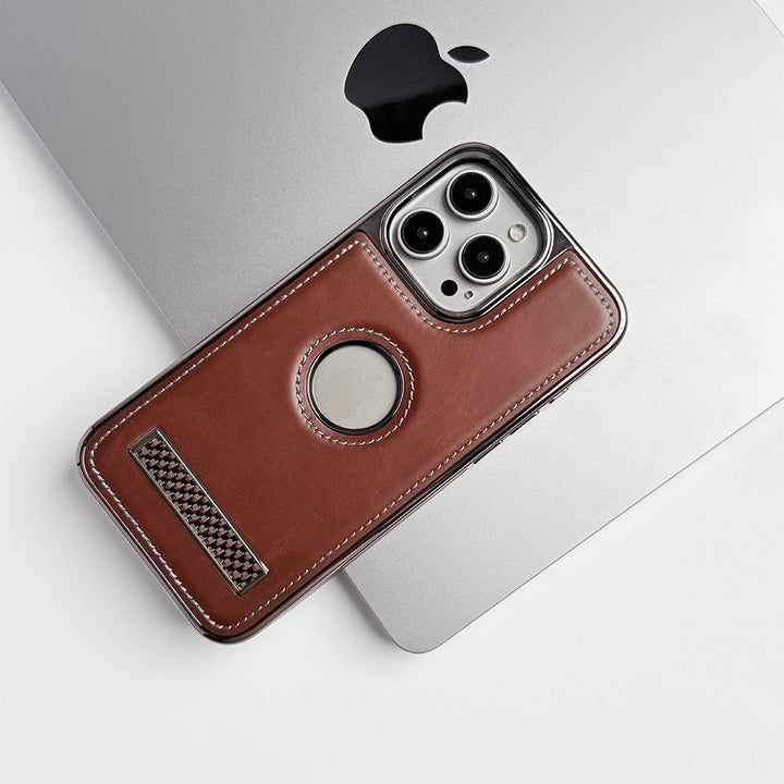 iPhone 15 Series Textured Stripe Stand PU Leather Side Chrome Case Cover