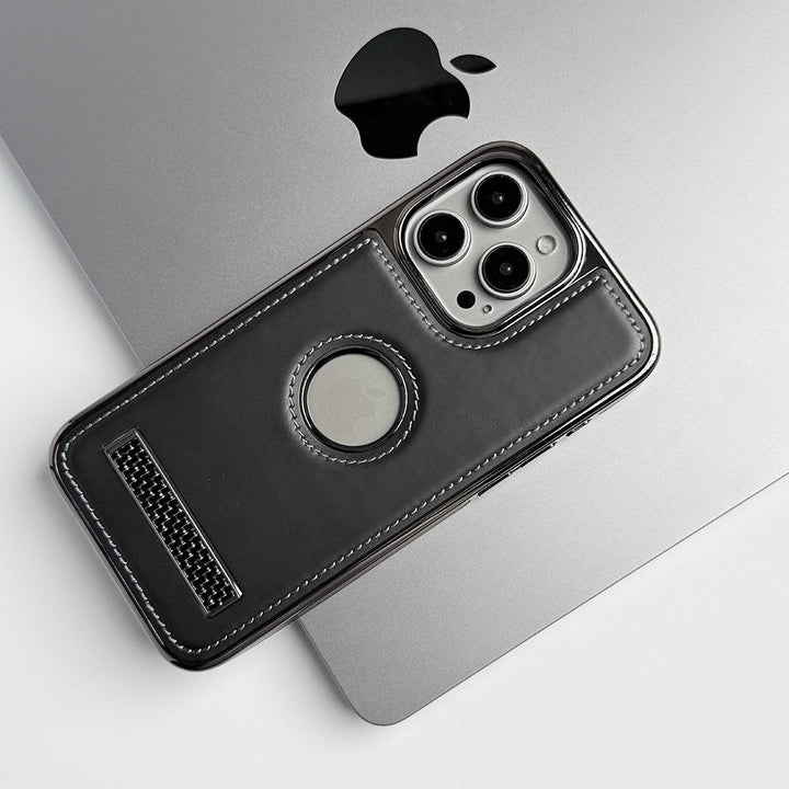 iPhone 15 Series Textured Stripe Stand PU Leather Side Chrome Case Cover