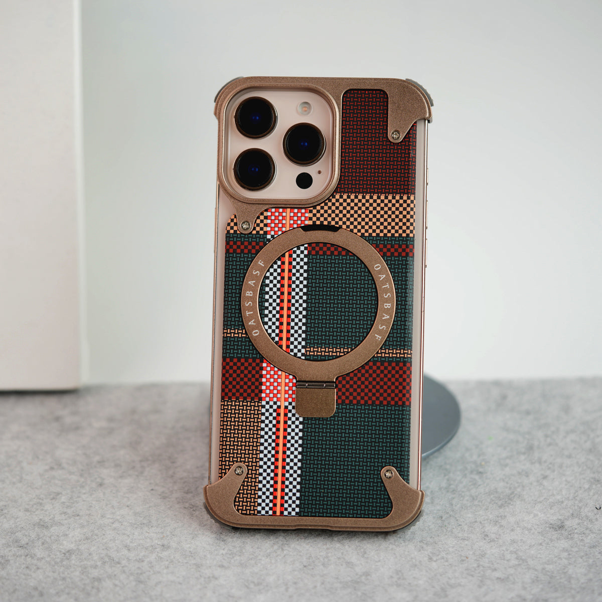iPhone 16 Series Kevlar Fiber Texture Frameless Metal Kickstand Case