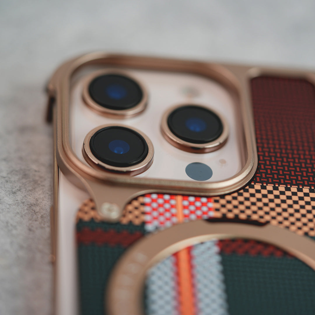 iPhone 16 Series Kevlar Fiber Texture Frameless Metal Kickstand Case