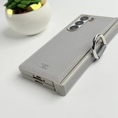 Samsung Galaxy Z Fold 6 PU Leather Hinge Protection Metal Ring Case Cover