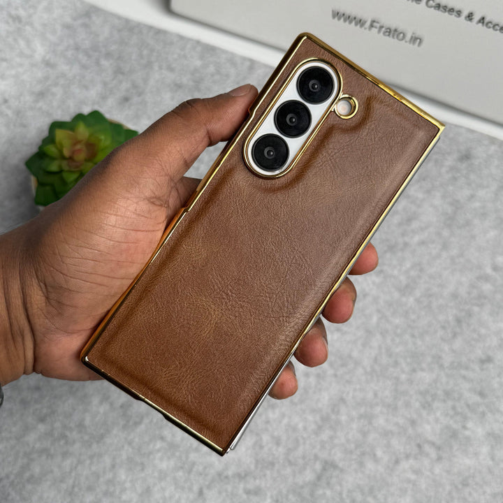Samsung Galaxy Z Fold 5 PU Leather Chrome Plated Front Screen Protector Case Cover