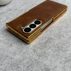 Samsung Galaxy Z Fold 5 PU Leather Chrome Plated Front Screen Protector Case Cover