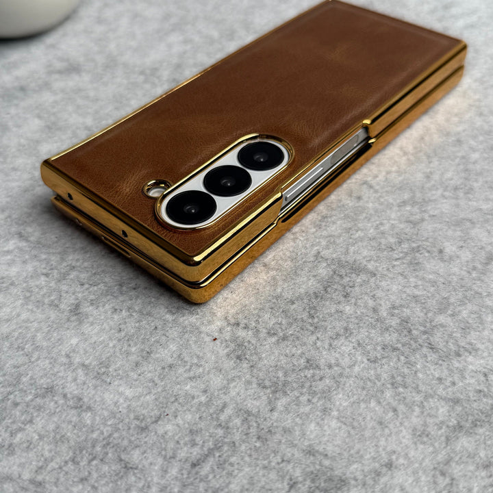 Samsung Galaxy Z Fold 5 PU Leather Chrome Plated Front Screen Protector Case Cover
