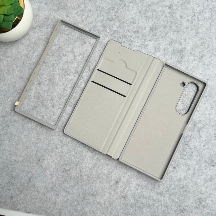 Samsung Galaxy Z Fold 5 Premium Leather Textured Flip Case with Metal Kick Stand Cover