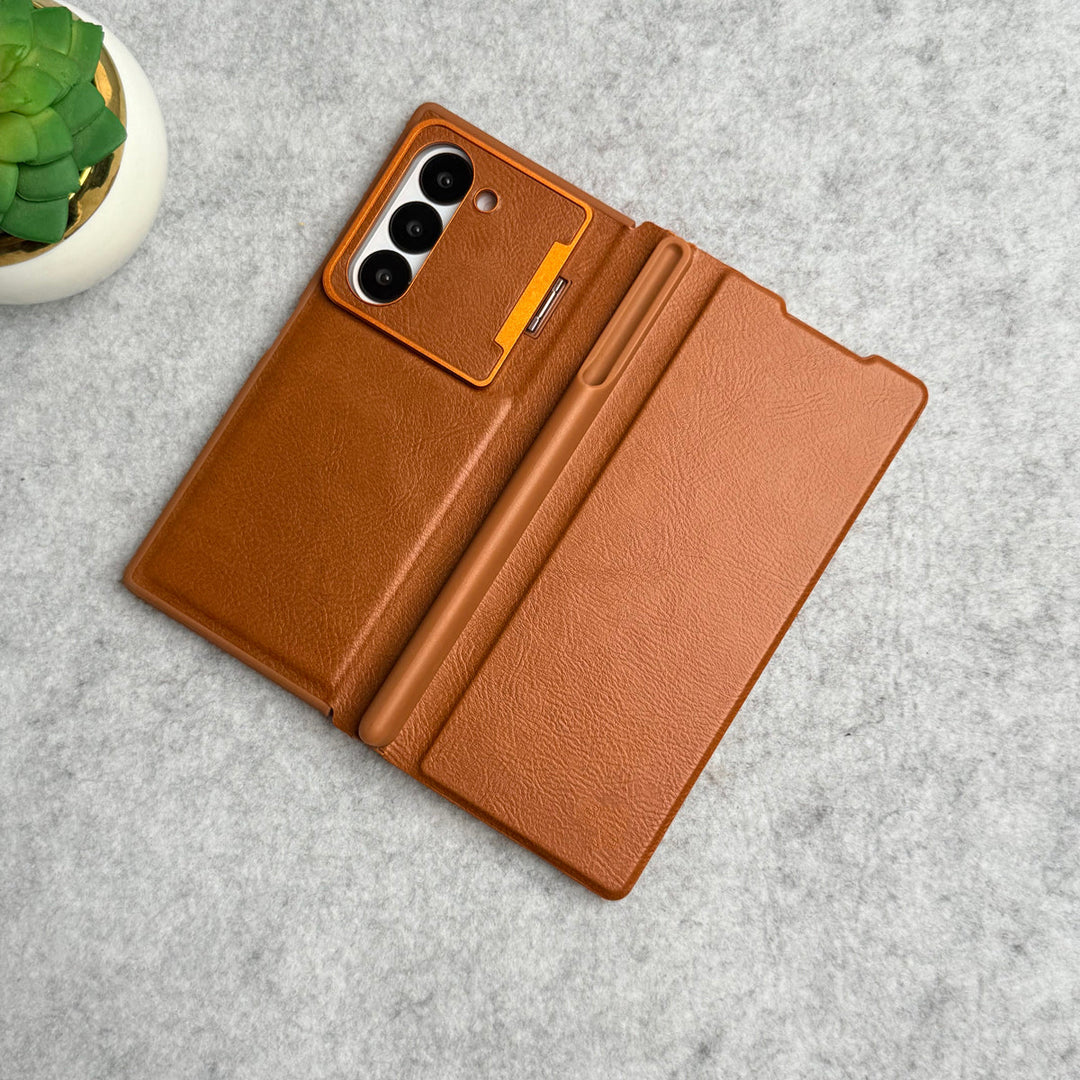 Samsung Galaxy Z Fold 5 Premium Leather Textured Flip Case with Metal Kick Stand Cover