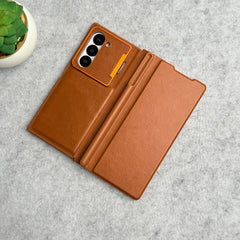 Samsung Galaxy Z Fold 6 Premium Leather Textured Flip Case with Metal Kick Stand Cover
