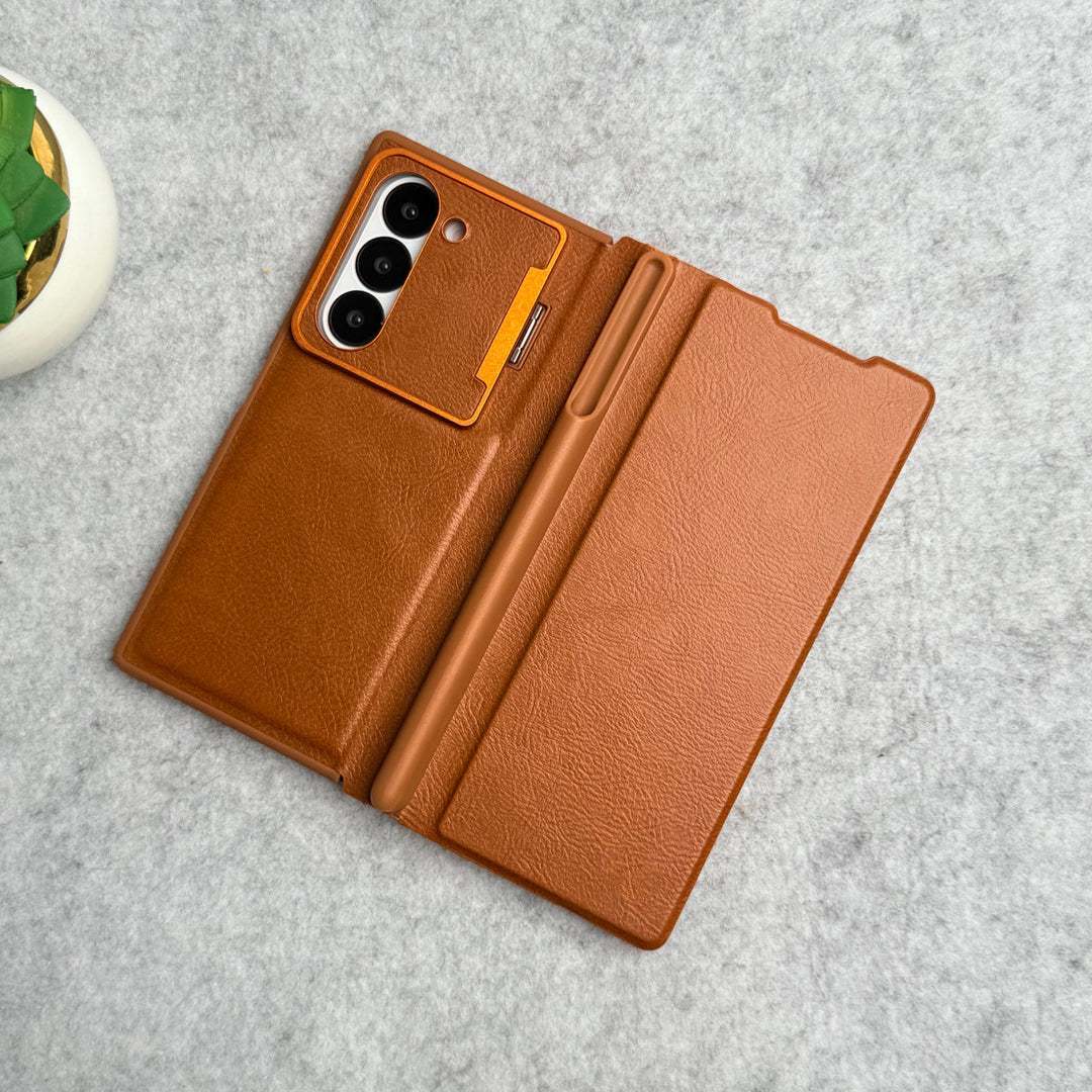 Samsung Galaxy Z Fold 5 Premium Leather Textured Flip Case with Metal Kick Stand Cover