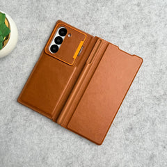 Samsung Galaxy Z Fold 6 Premium Leather Textured Flip Case with Metal Kick Stand Cover
