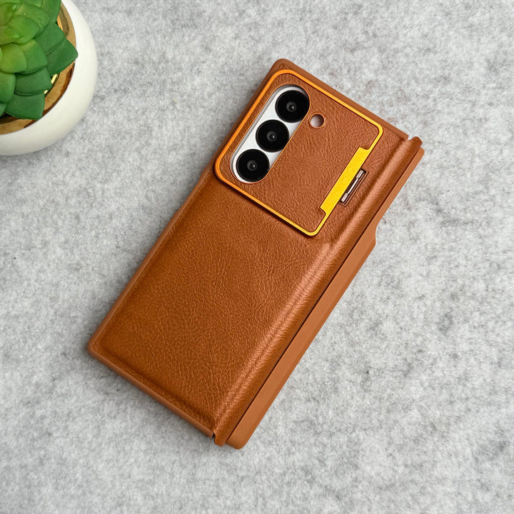 Samsung Galaxy Z Fold 5 Premium Leather Textured Flip Case with Metal Kick Stand Cover