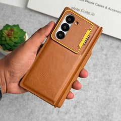 Samsung Galaxy Z Fold 6 Premium Leather Textured Flip Case with Metal Kick Stand Cover