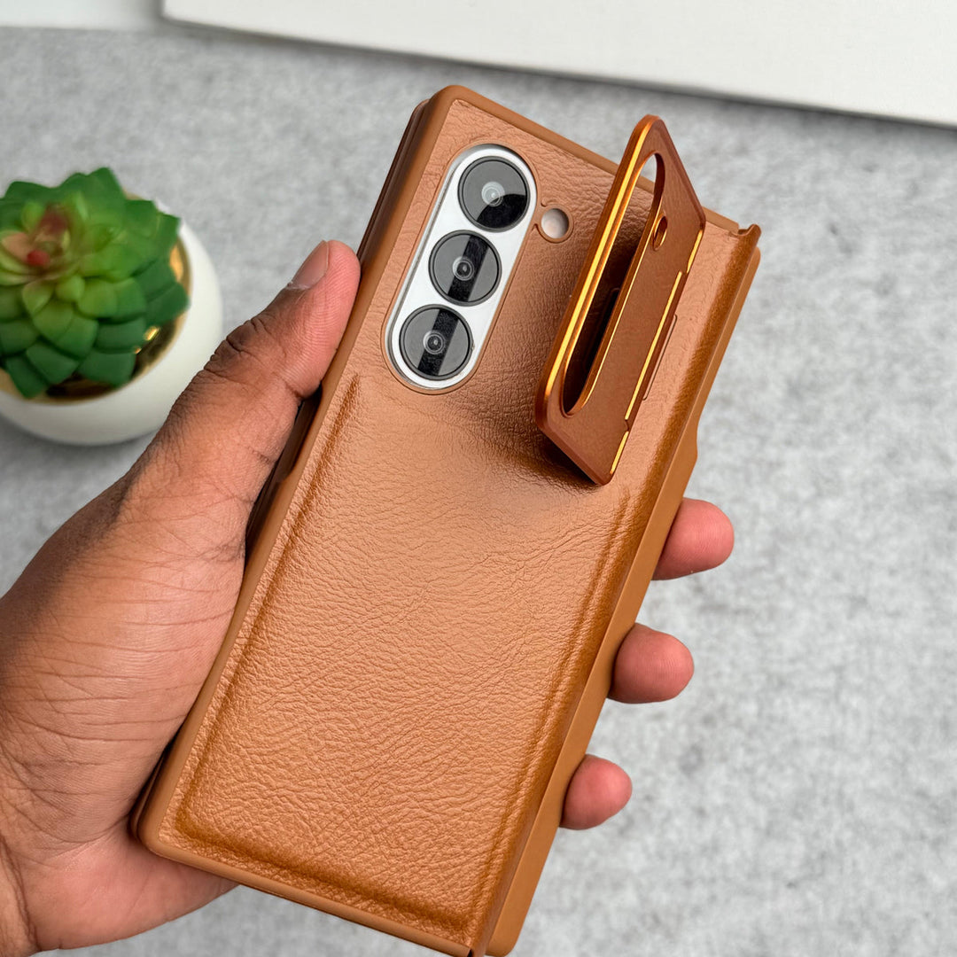 Samsung Galaxy Z Fold 5 Premium Leather Textured Flip Case with Metal Kick Stand Cover