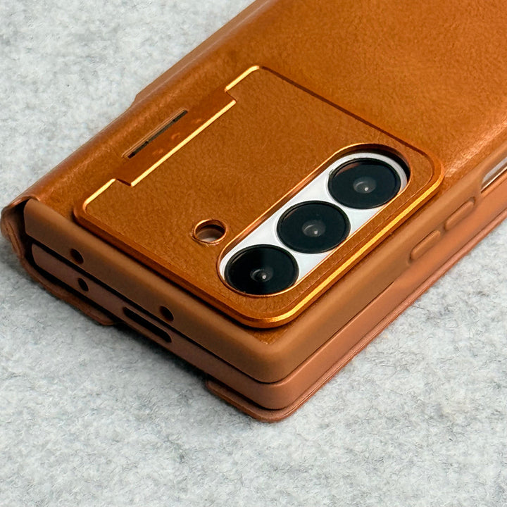Samsung Galaxy Z Fold 5 Premium Leather Textured Flip Case with Metal Kick Stand Cover