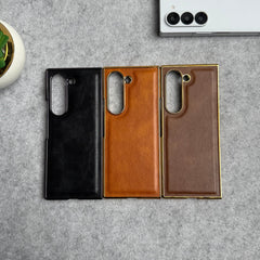 Samsung Galaxy Z Fold 5 PU Leather Chrome Plated Front Screen Protector Case Cover