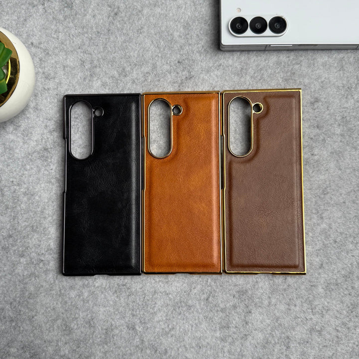 Samsung Galaxy Z Fold 5 PU Leather Chrome Plated Front Screen Protector Case Cover
