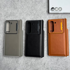 Samsung Galaxy Z Fold 6 Premium Leather Textured Flip Case with Metal Kick Stand Cover