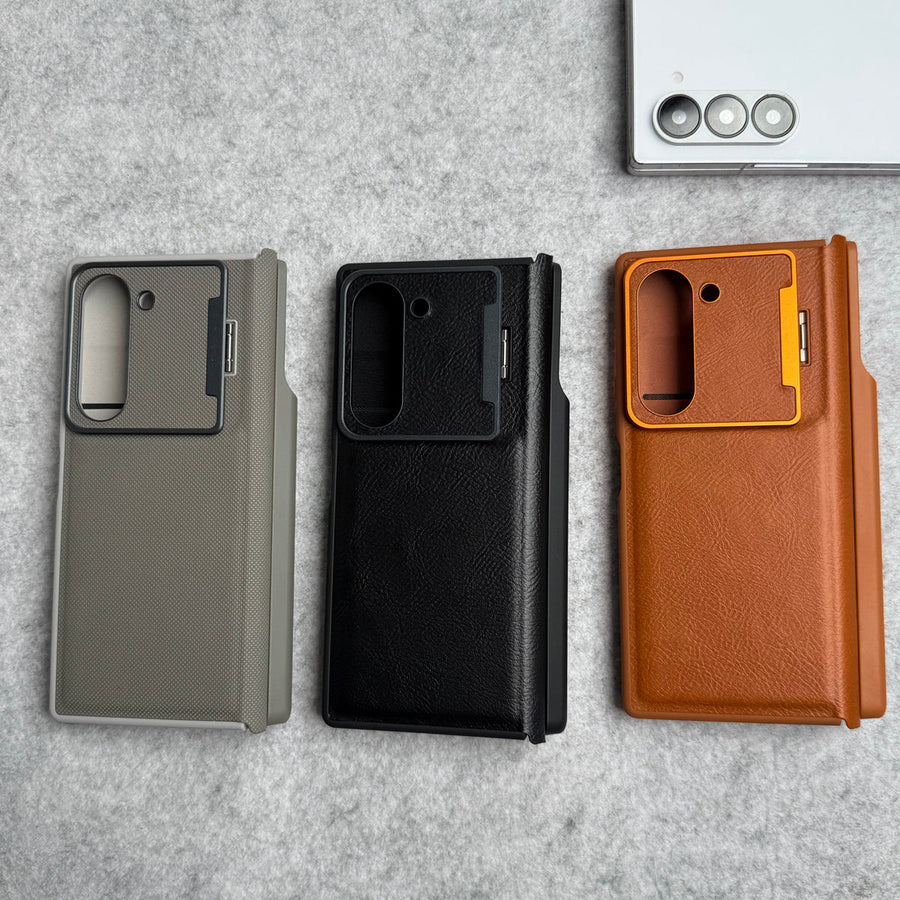 Samsung Galaxy Z Fold 6 Premium Leather Textured Flip Case with Metal Kick Stand Cover
