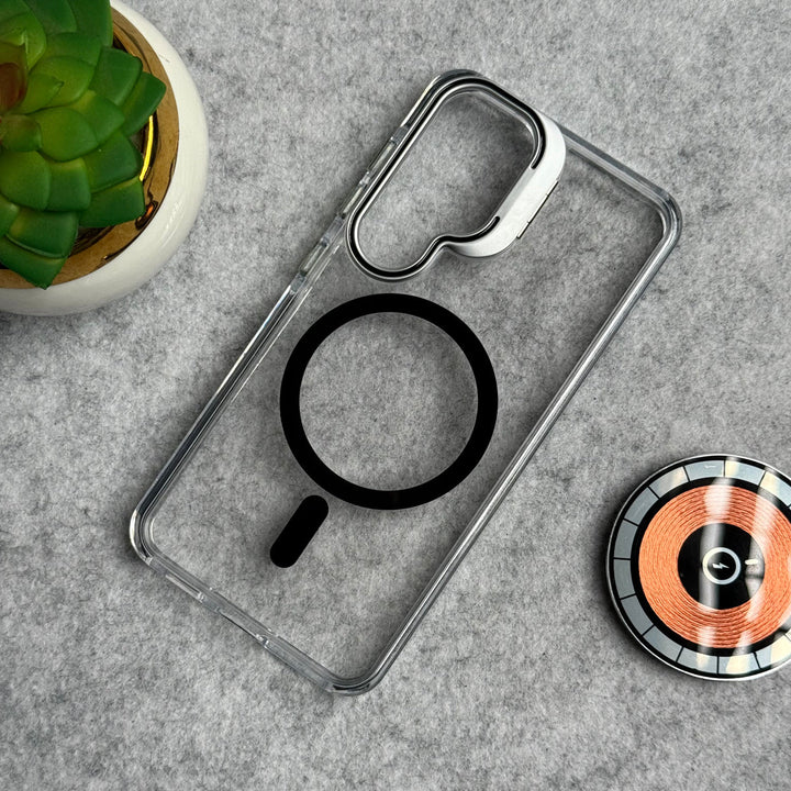 Samsung Galaxy S24 Transparent MagSafe Cover With Metal Camera Bump Kick Stand