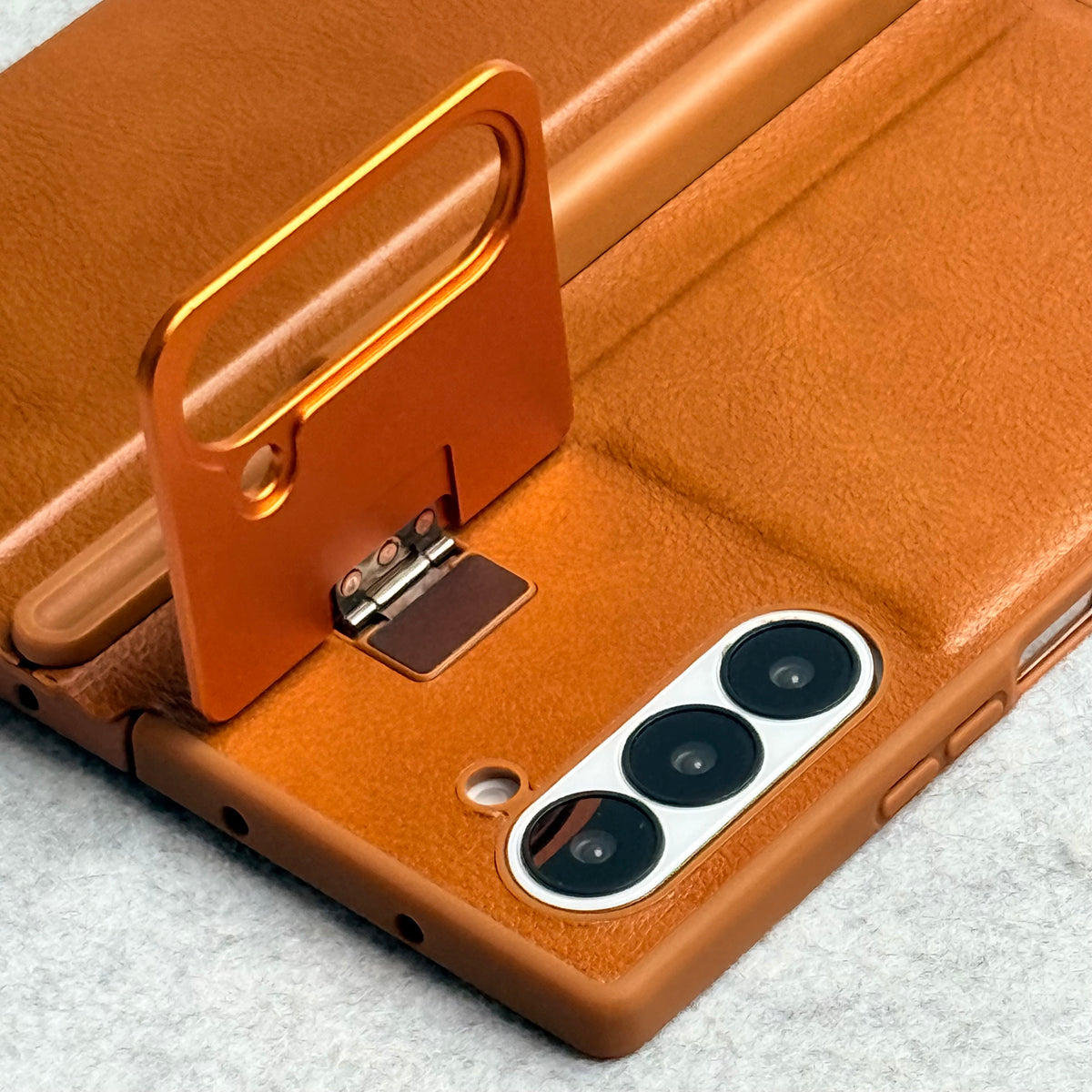 Samsung Galaxy Z Fold 6 Premium Leather Textured Flip Case with Metal Kick Stand Cover