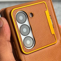 Samsung Galaxy Z Fold 6 Premium Leather Textured Flip Case with Metal Kick Stand Cover