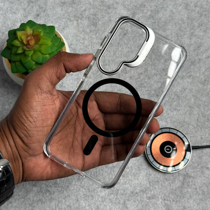 Samsung Galaxy S24 Transparent MagSafe Cover With Metal Camera Bump Kick Stand