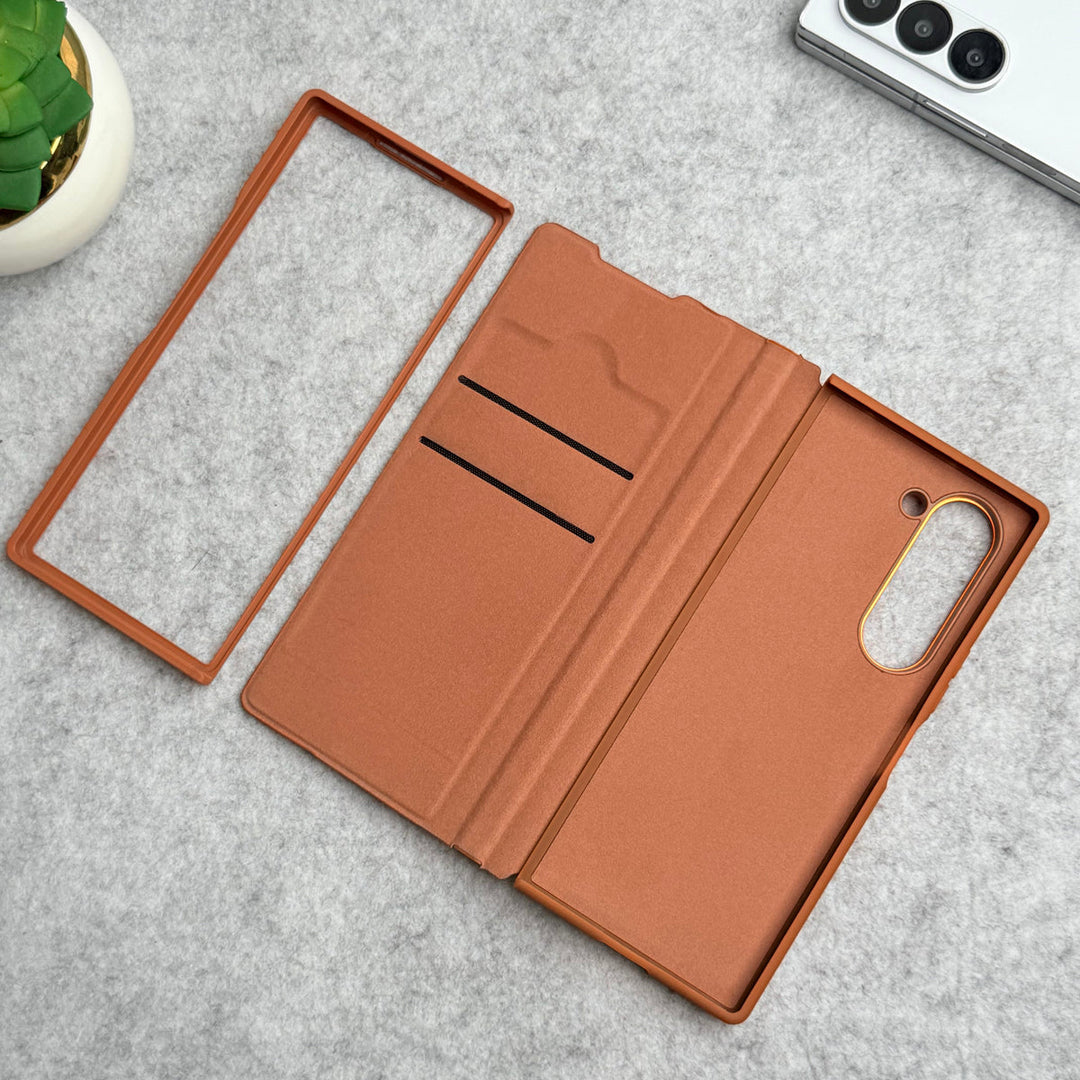 Samsung Galaxy Z Fold 5 Premium Leather Textured Flip Case with Metal Kick Stand Cover