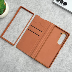 Samsung Galaxy Z Fold 6 Premium Leather Textured Flip Case with Metal Kick Stand Cover