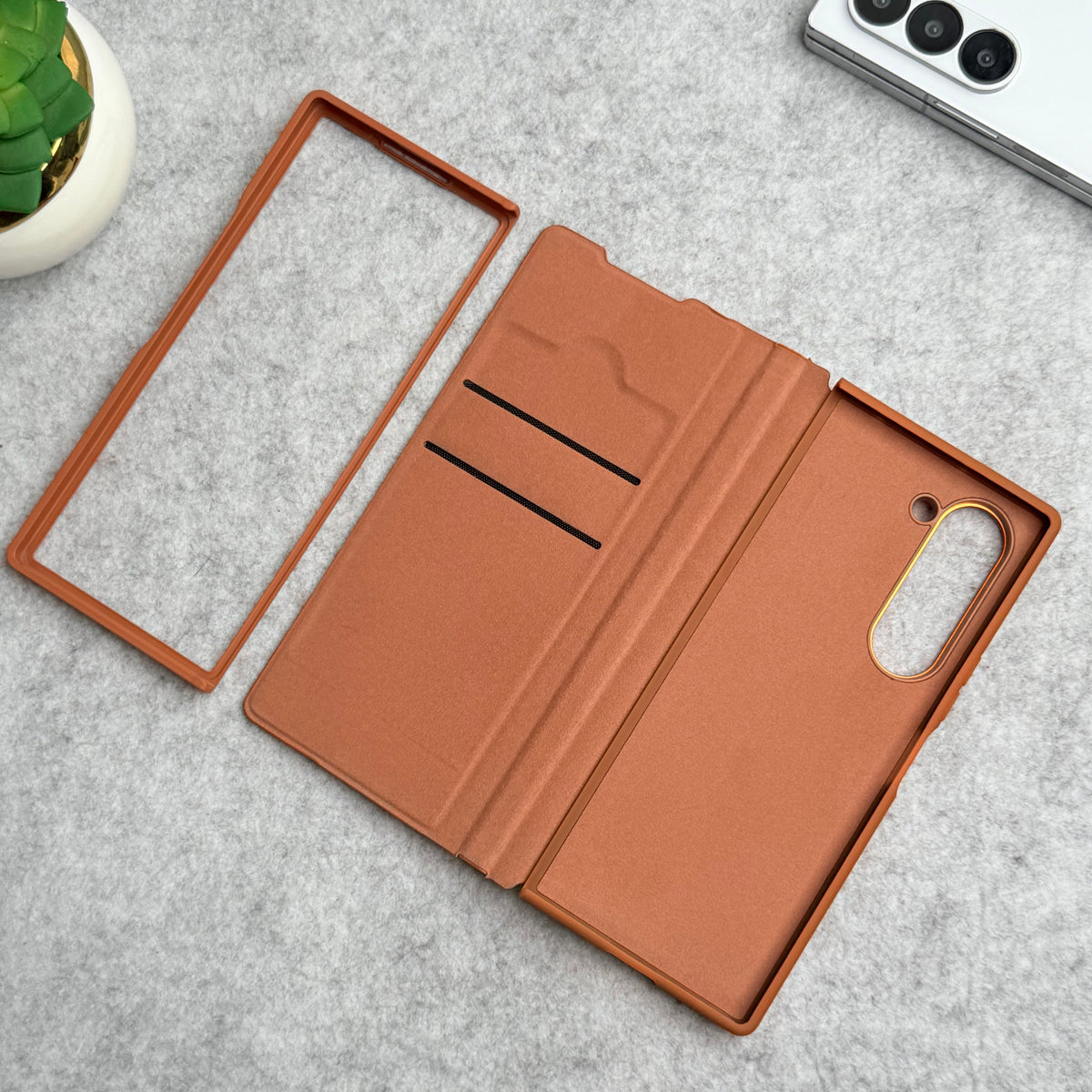 Samsung Galaxy Z Fold 6 Premium Leather Textured Flip Case with Metal Kick Stand Cover