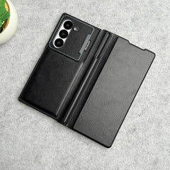 Samsung Galaxy Z Fold 6 Premium Leather Textured Flip Case with Metal Kick Stand Cover