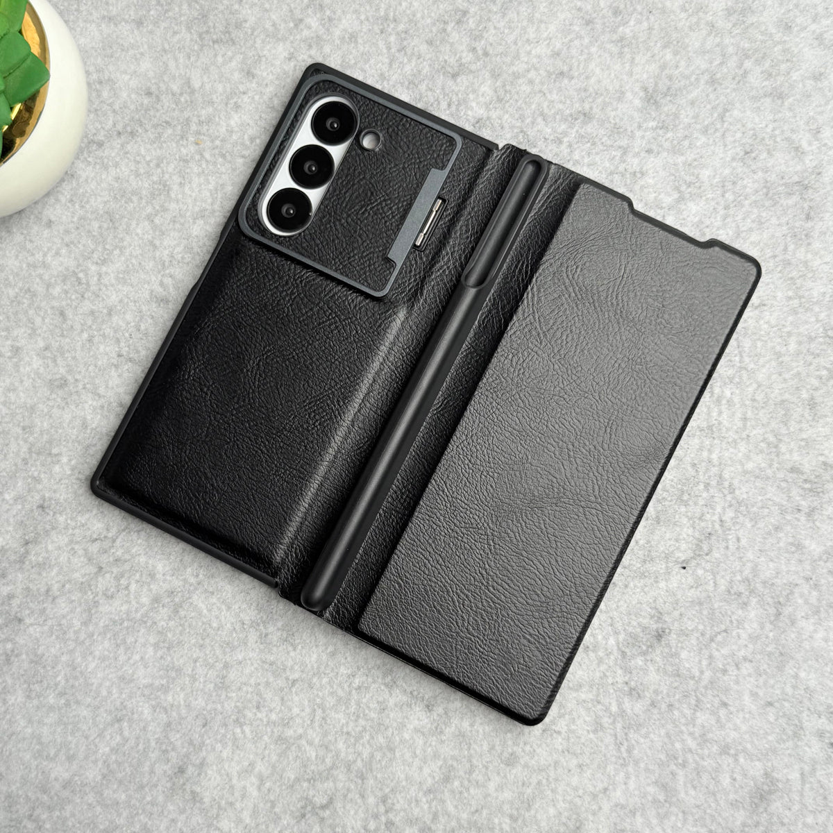 Samsung Galaxy Z Fold 6 Premium Leather Textured Flip Case with Metal Kick Stand Cover