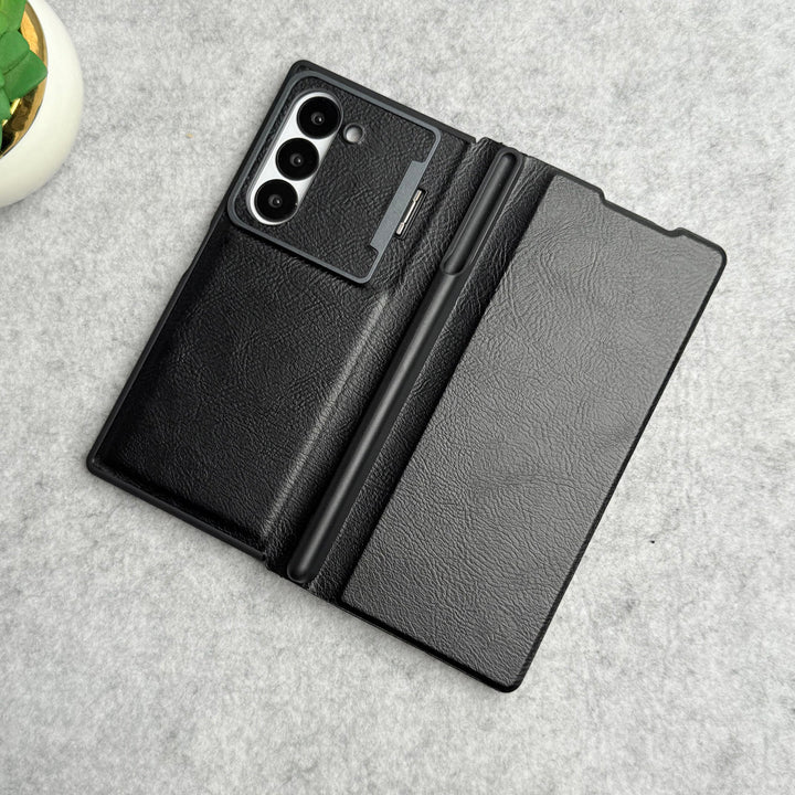 Samsung Galaxy Z Fold 5 Premium Leather Textured Flip Case with Metal Kick Stand Cover